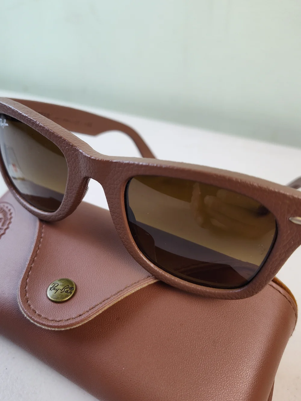 Ray-Ban Men’s Brown Leather Wrapped Sunglasses with Brown Lenses
